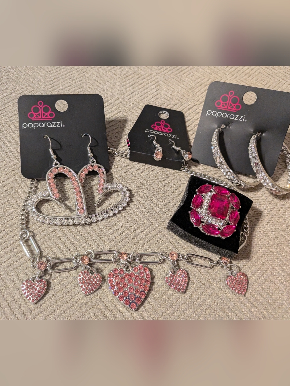 Paparazzi Silver & Pink Heart Charm Necklace Ring and Earrings Set
